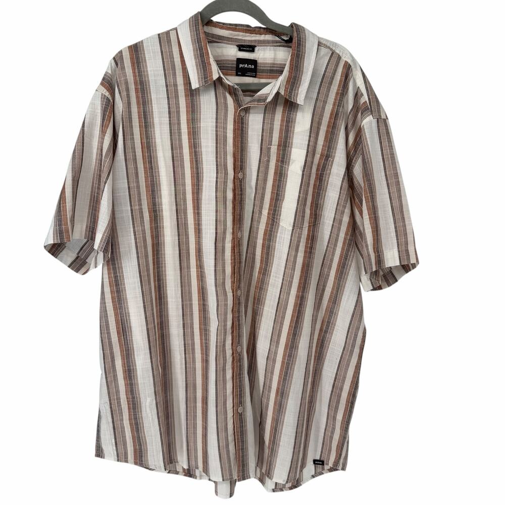 PrAna Groveland White Brown Striped Short Sleeve Button Down Shirt XXL